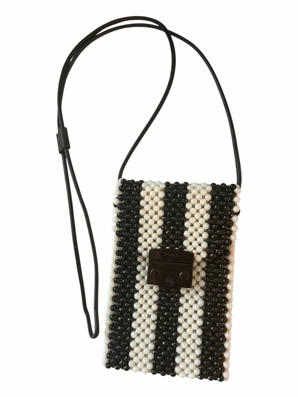 Furla Beaded Phone Crossbody Bag Black & Ivory Mini Pouch Italy